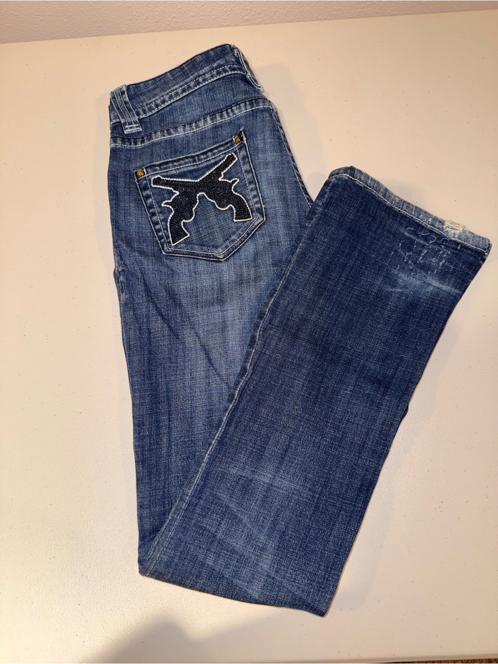 Rock & Roll Cowgirl Blue Boot Cut Jeans with Embroidered Pocket